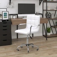 Sedia da Ufficio in pelle PU Bianca con 5 Ruote Girevoli, Imbottitura e Altezza Regolabile, 52.5x54x84-99cm
