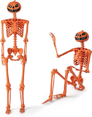 COSTWAY Scheletro di Halloween Arancione 158 CM, Scheletro a Grandezza Naturale con Testa di Zucca e Articolazioni Mobili per Decorazioni da Interno ed Esterno, Casa Infestata e Festa