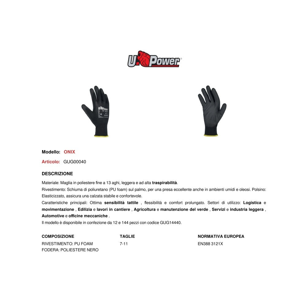 U-power onix, 12 paia di guanti da lavoro, supporto poliestere nero e poliuretano, taglie disponibili  7