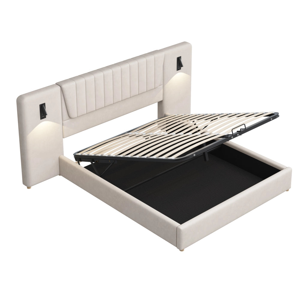 Letto imbottito 180x200 cm con contenitore idraulico, lampade USB e velluto beige