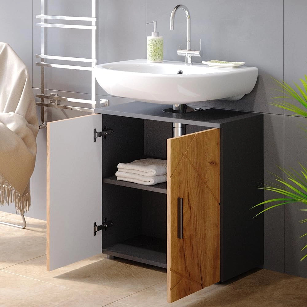 Mobile sottolavabo per bagno Irma, Quercia dorata/antracite, 60 x 59 cm, con ritaglio per sifone e ripiano interno per conservazione