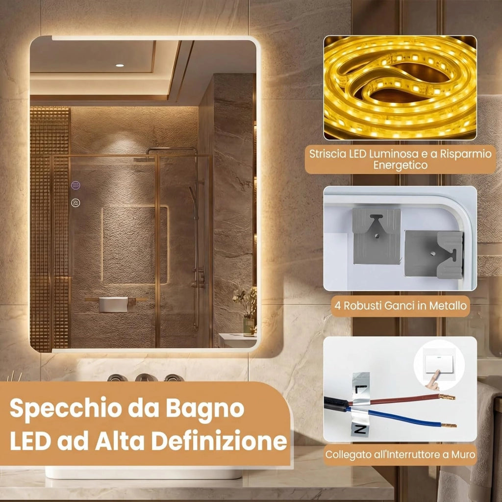 Specchio da Bagno LED 70 x 50 Cm, Vetro Temperato Anti-Esplosione, Specchio da Parete Retroilluminato Dimmerabile con Luci a 3 Colori e Antiappannamento, per Lavabo (70 x 50 x 3 cm)