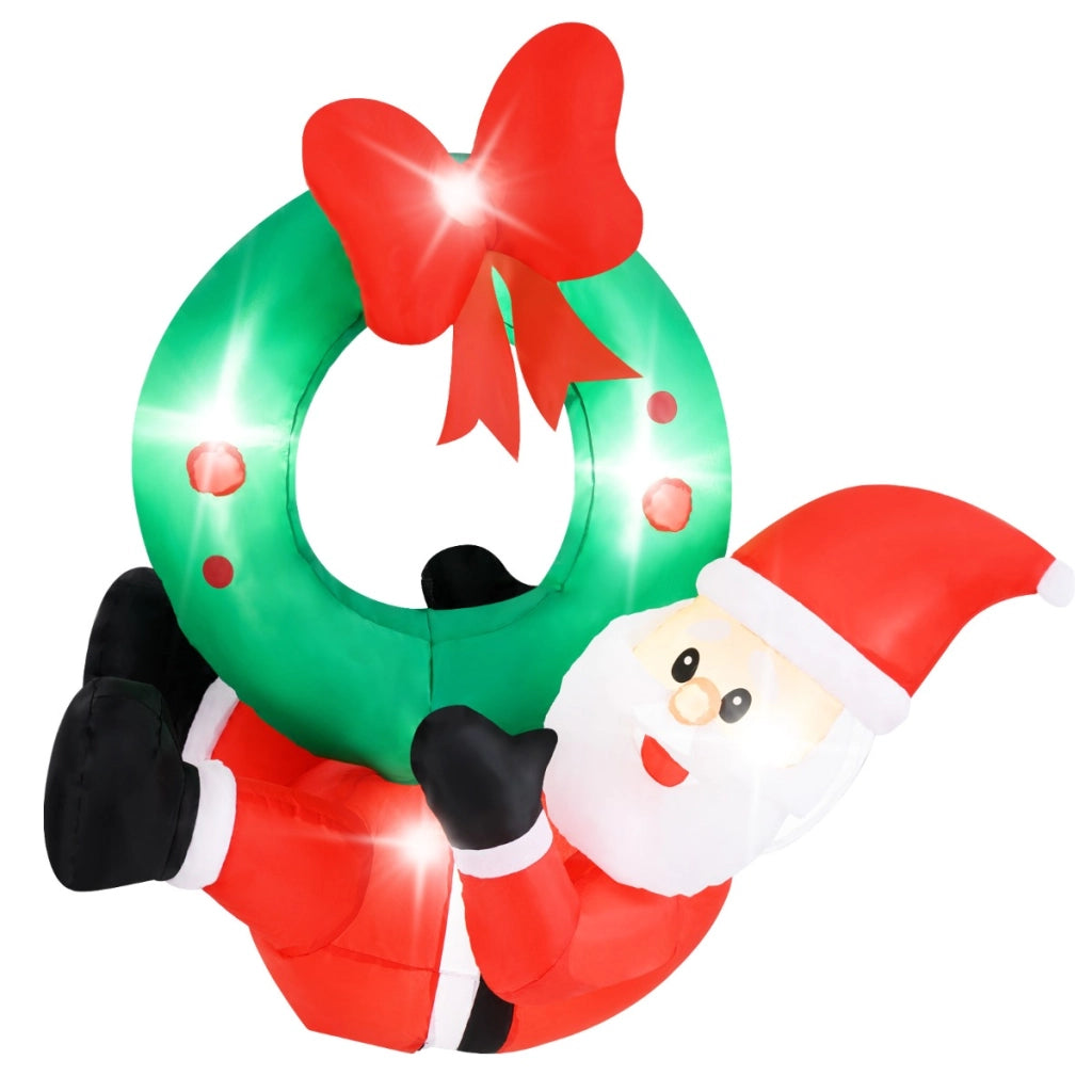 Corona di Natale gonfiabile di babbo Natale da 120cm, Babbo Natale illuminato e corona con fiocco rosso e 5 luci LED-Gonfiabili natalizi