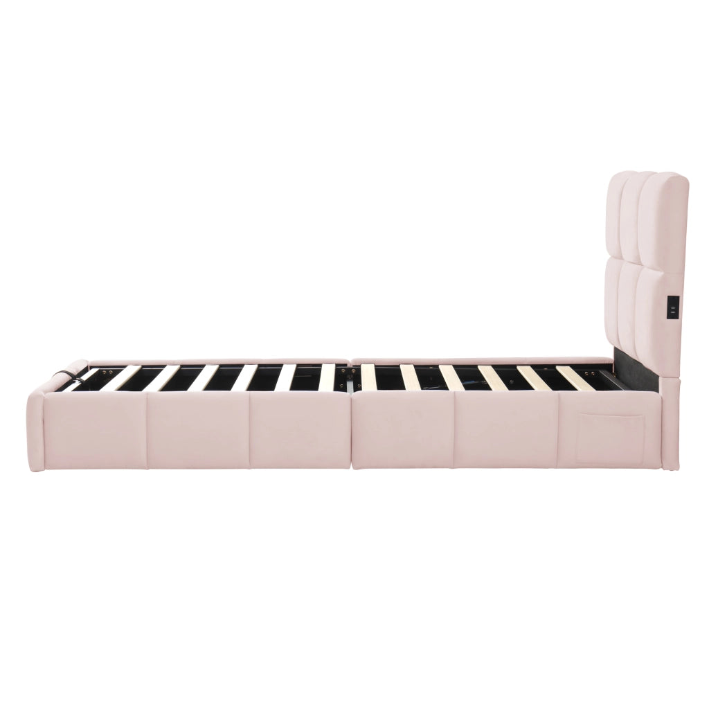 Letto singolo imbottito 90x200 cm con rete a doghe, contenitore idraulico, testiera arrotondata in velluto rosa, USB-C