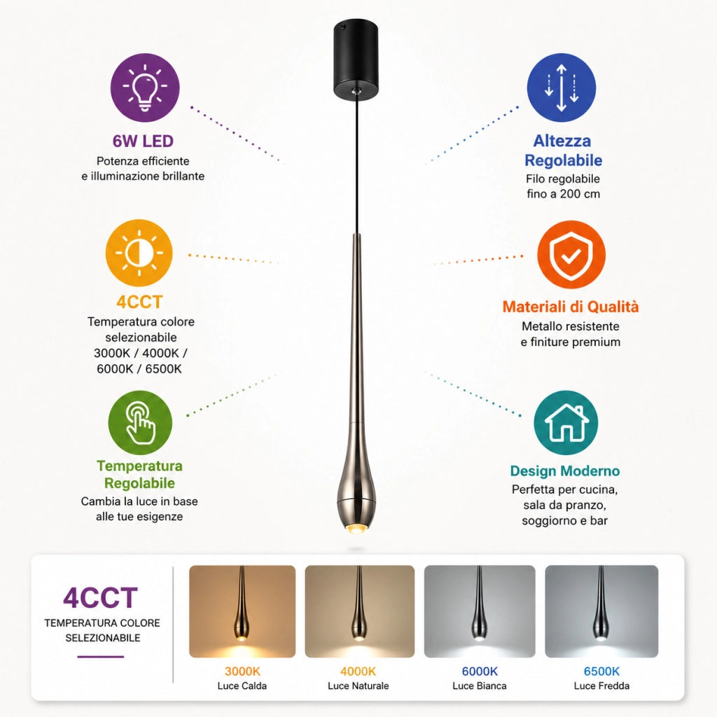 LAMPADARIO LED A SOSPENSIONE MODERNO SLIM NERO 6W DIMMERABILE CCT LP028