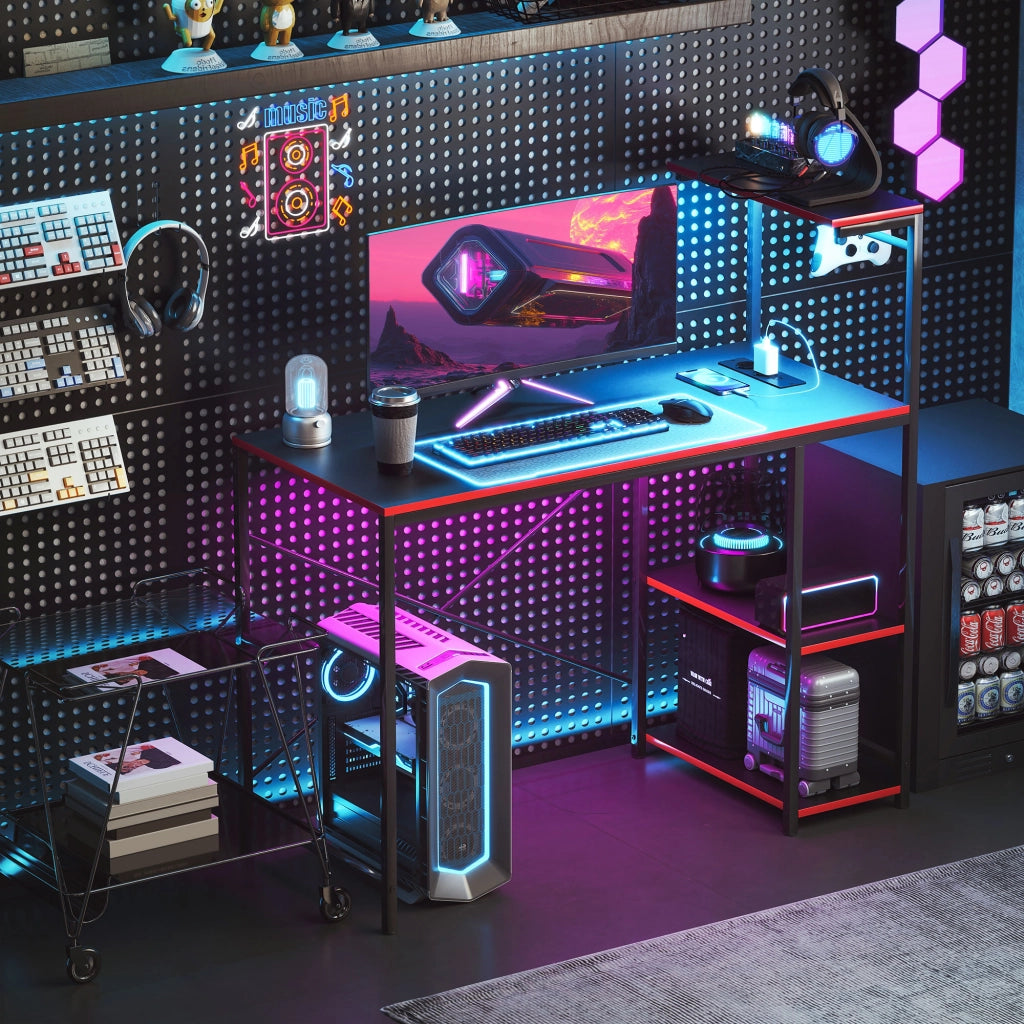 Scrivania Gaming con LED e Prese ¨C Xylo ¨C Fibra di Carbonio Nero 110x50 cm