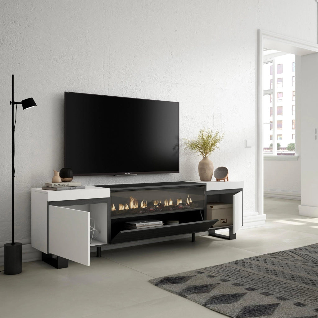 Mobile TV, 200x35x57cm, soggiorno, Per TV fino a 80", Camino elettrico, Design industriale, Bianco e nero RF2206