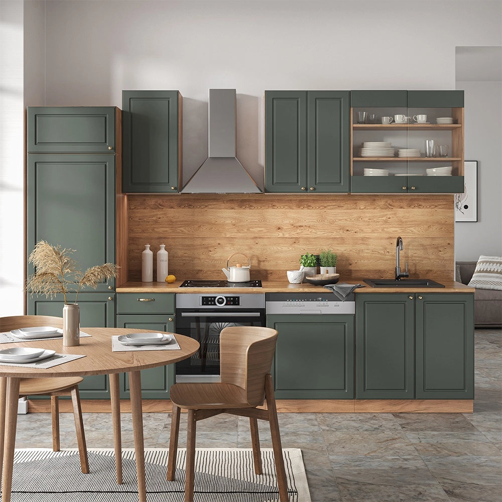 Cucina componibile Fame-Line Verde-oro rustico/Rovere dorato 300 cm senza piano di lavoro Vicco