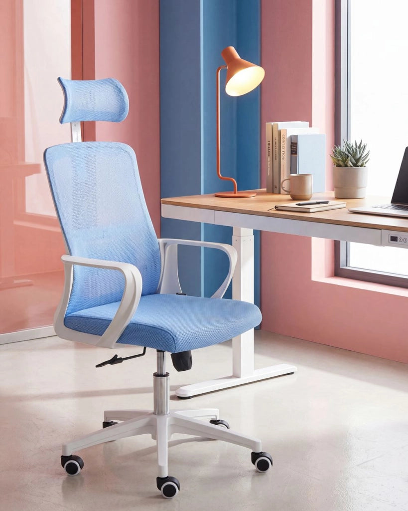 Sedia da ufficio con base girevole e poggiatesta regolabile in altezza con rete Home Office Blu stile moderno
