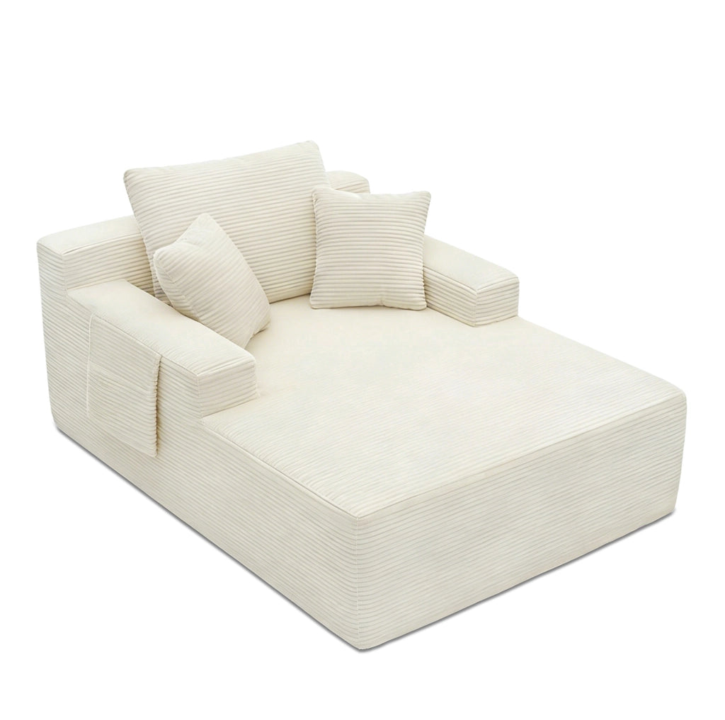 Divano compatto in velluto a coste beige con tasche laterali