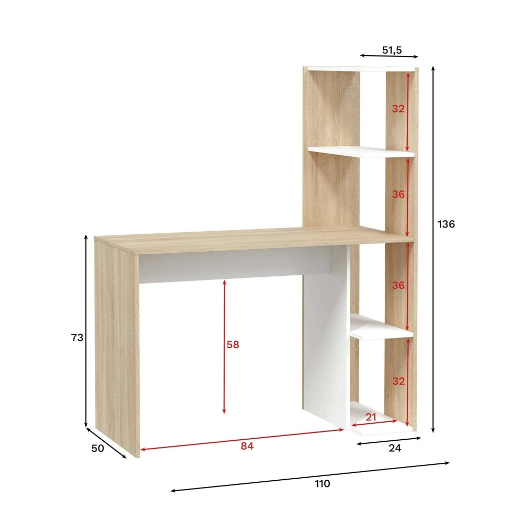 Scrivania Abba, Scrittoio lineare con libreria, Tavolo ufficio multiuso salvaspazio, 110x52h136 cm, Bianco e Rovere