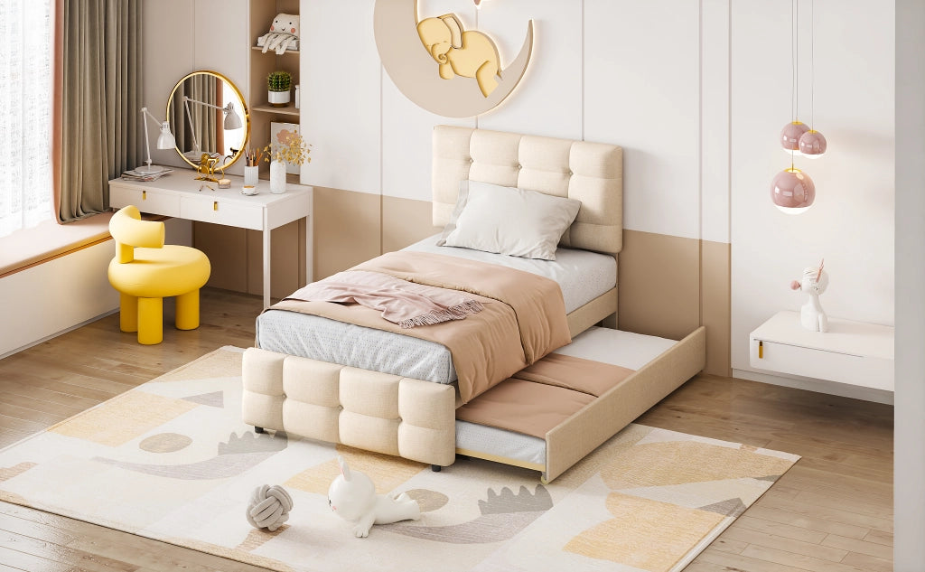 DESMIU Letto estraibile letto singolo 90 × 200 cm 2 posti con testiera regolabile, senza materasso, beige
