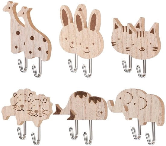 Accessori per animali da giardino 12 pezzi - Ganci per animali da giardino in legno - Adesivi auto-colleganti - Motivo animale - Per bambini - Dimensioni elefante 6 × 5,5 cm