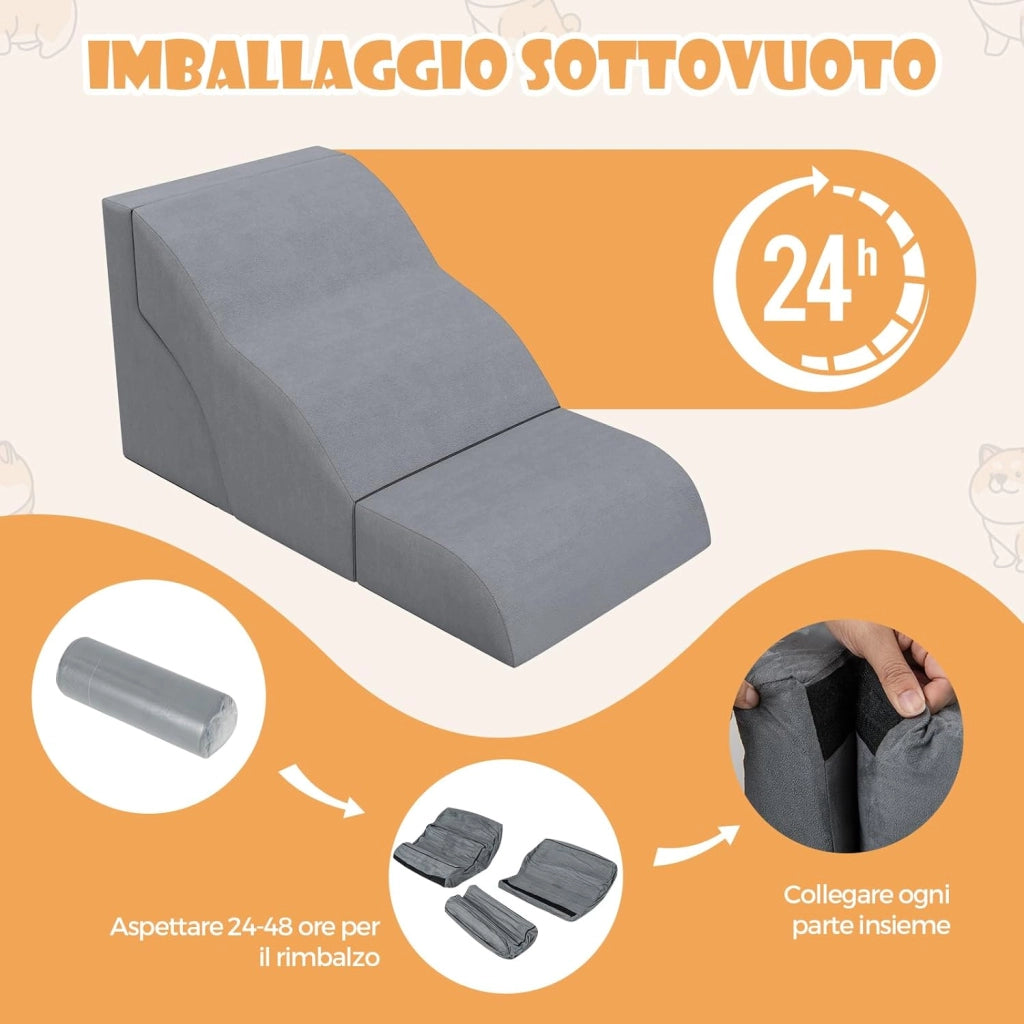Scale per Cani in Schiuma a 3 Livelli, Rampe Scale per Animali 2 in 1 per Letti e Divani, Gradini per Animali Infortunati e Anziani con Base Antiscivolo, Copertura Lavabile e Rullo Adesivo