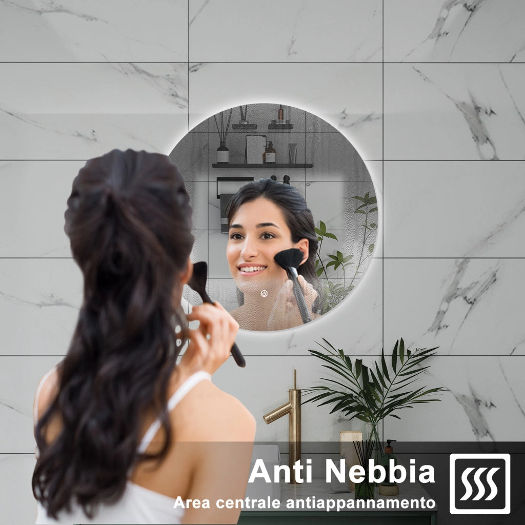 AICA Specchio da bagno 70 x 70 cm, antiappannamento, dimmerabile, interruttore touch, Funzione Memoria