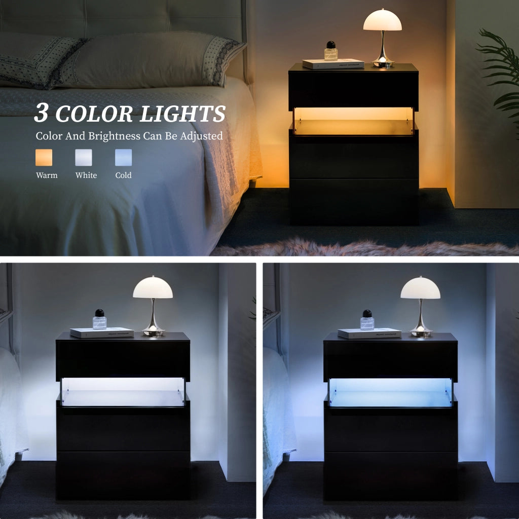 Comodino con LED e 3 cassetti, in legno ingegnerizzato, per camera da letto e soggiorno, nero, 60 × 46 × 22 cm