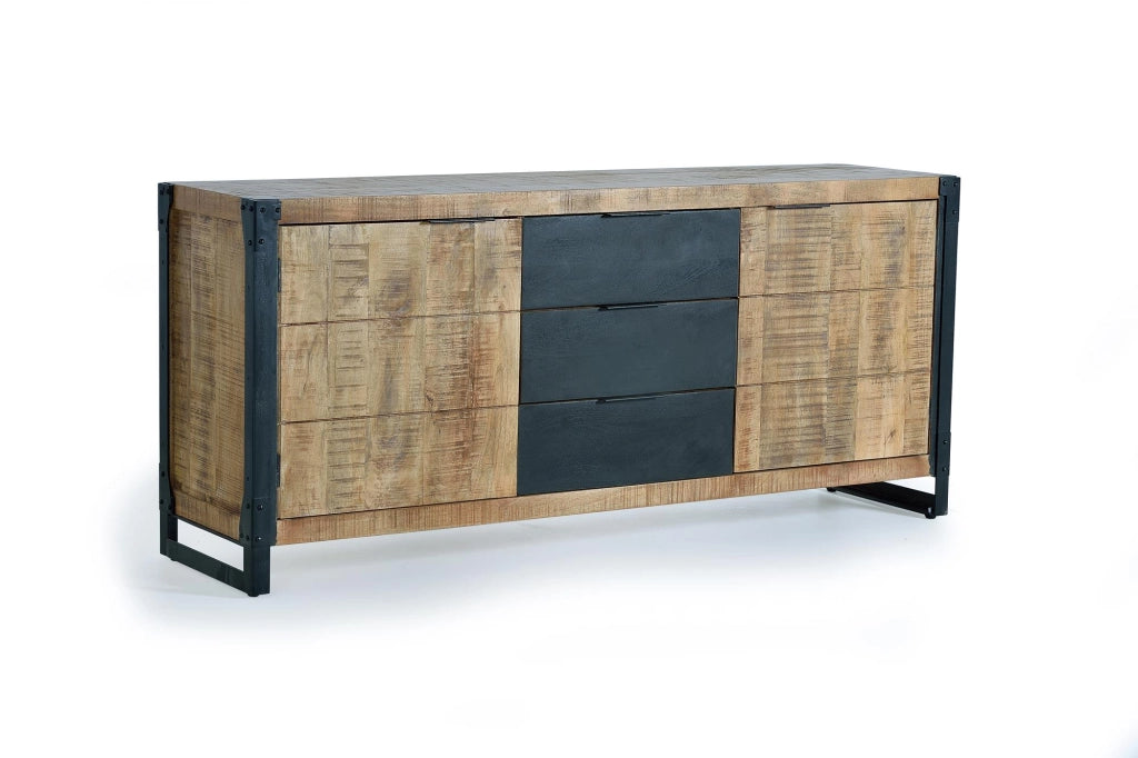 Credenza 9 cassetti in massello di mango grezzo e metallo