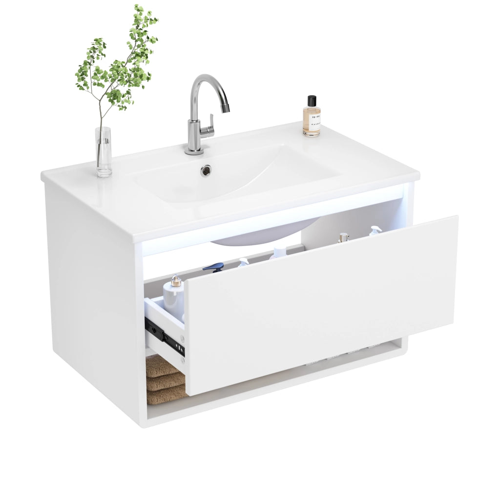 Mobile Sottolavabo Sospeso con Lavabo ¨C MINIMAL ¨C Bianco, LED, Cassetto, 76.5x46x45