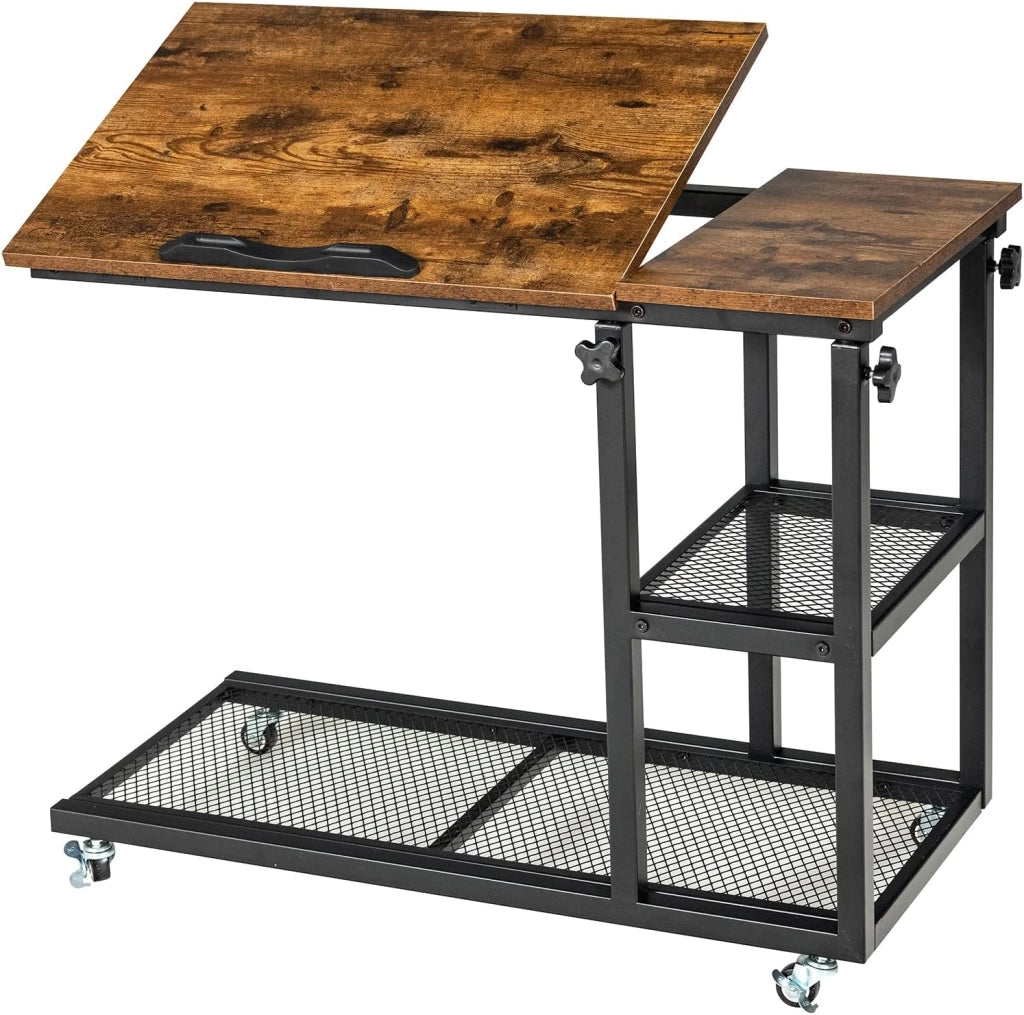 Tavolino Laterale, a Forma di C, Reclinabile a 5 Livelli, 3 Ripiani da Portata, Tavolino da Divano con Ruote, Industriale, Supporto in Ferro, Portata di 20 kg, 80x40x95 cm