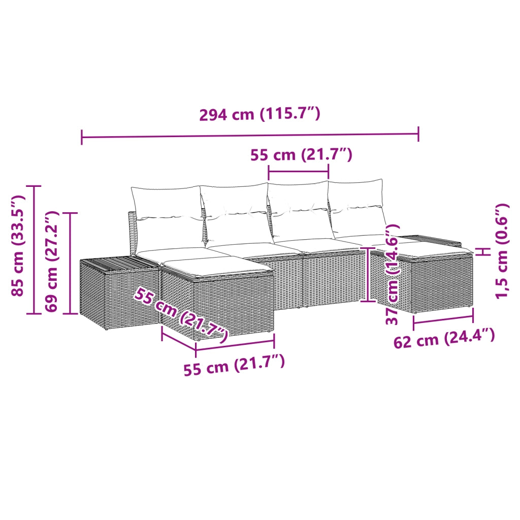 Set di Divani da Giardino 6 Pezzi con Cuscini Nero Polyrattan Acacia