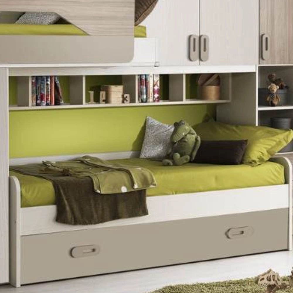 Cameretta soppalco con 3 letti Milly talco verde e brown
