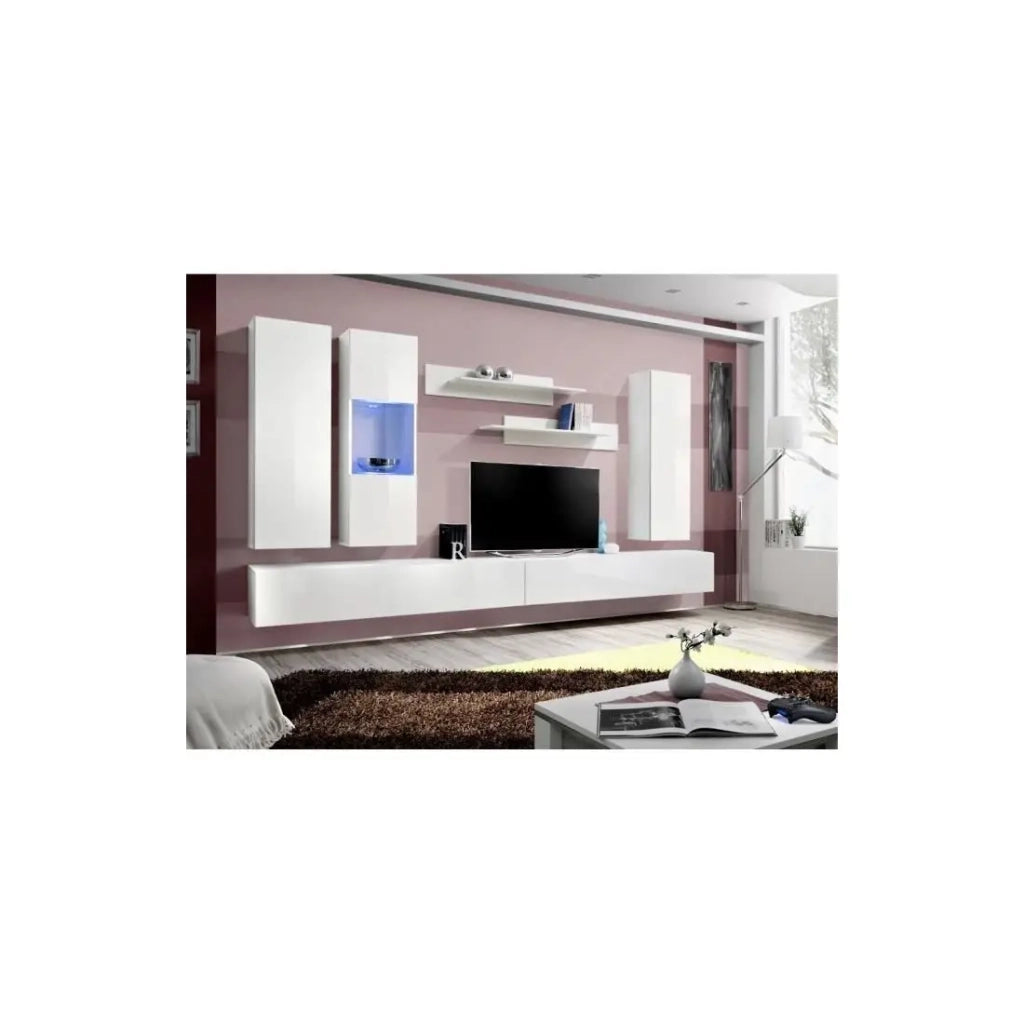 Mobile TV FLY E5 design, colore bianco lucido. Mobile sospeso moderno e alla moda per il tuo soggiorno.