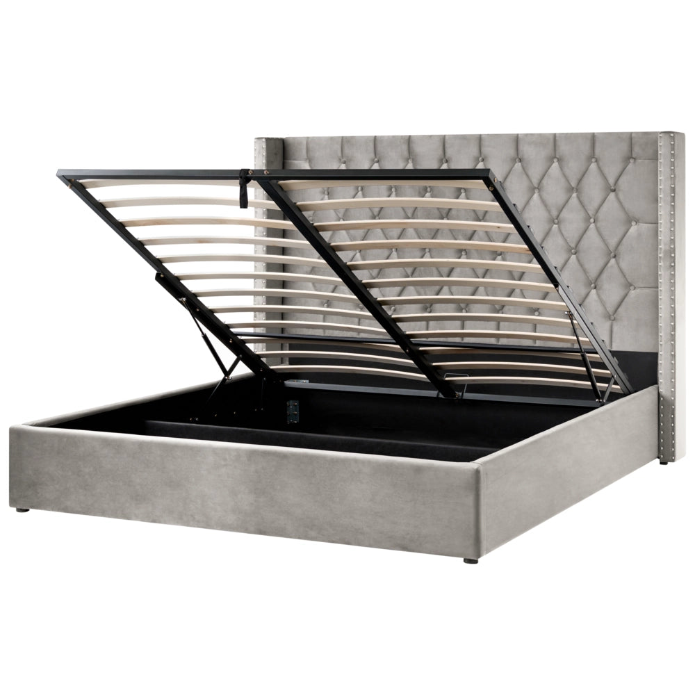 Letto contenitore velluto grigio chiaro e argento 180 x 200 cm glamour elegante