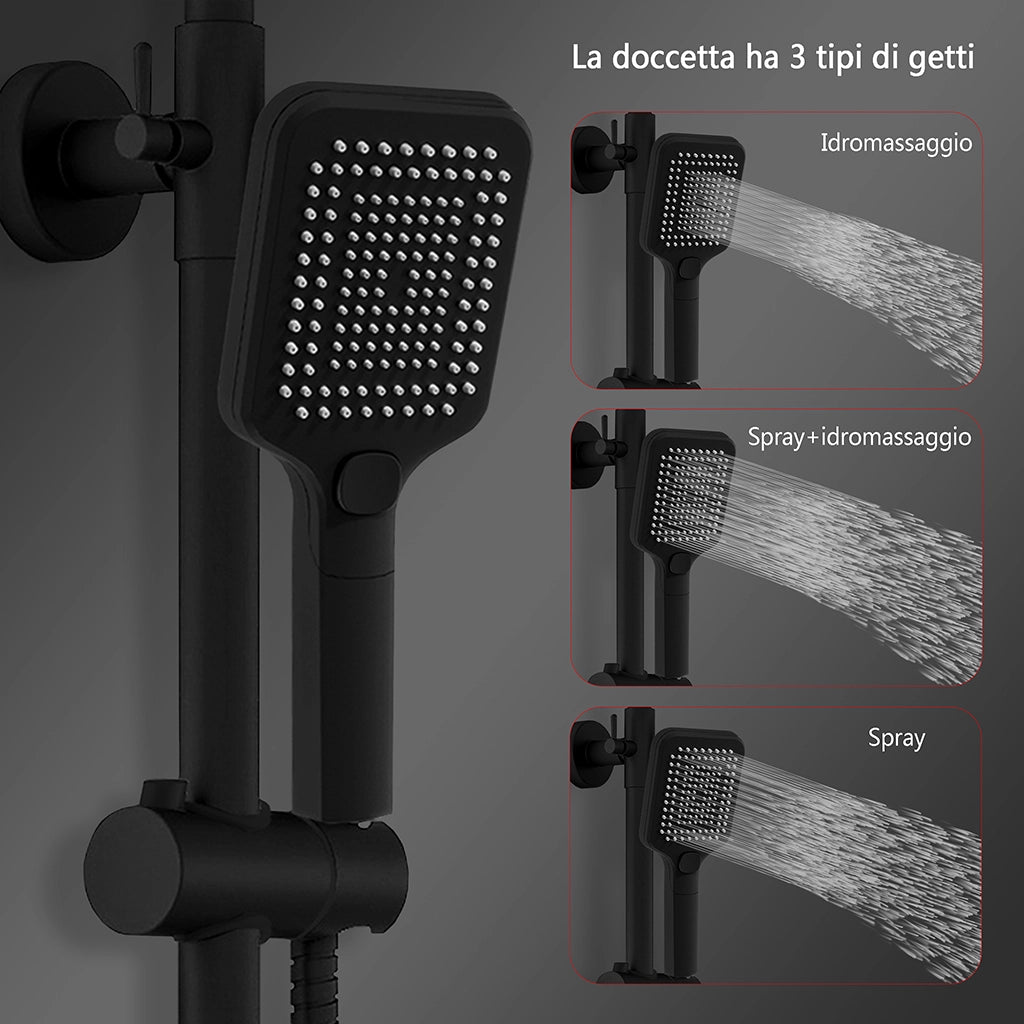 Grande soffione doccia 30x30cm con miscelatore termostatico e doccetta 25x10cm, nero