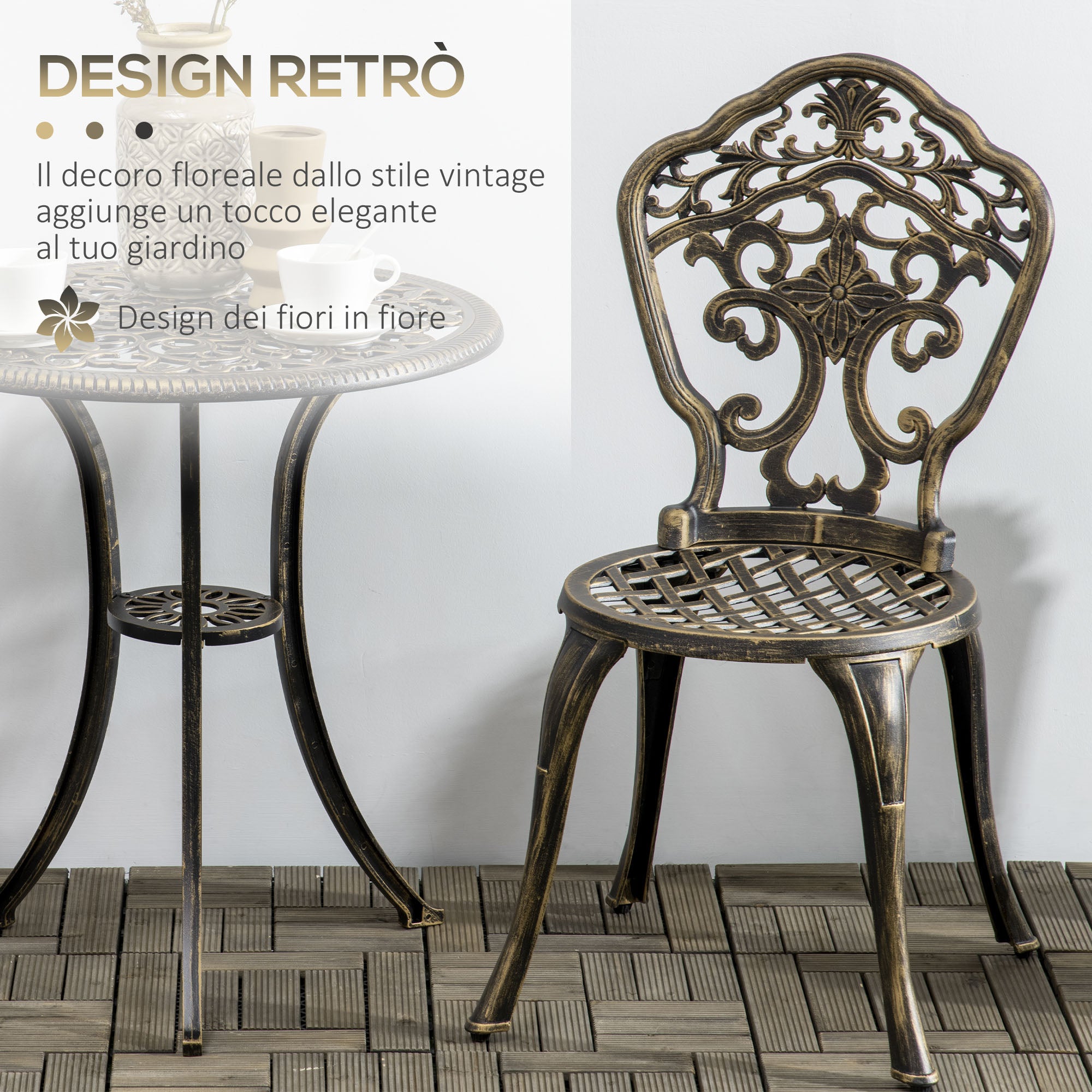 Set 3 Pezzi da Esterno con 2 Sedie da Giardino e Tavolino Rotondo con Foro per Ombrellone in Alluminio Bronzo