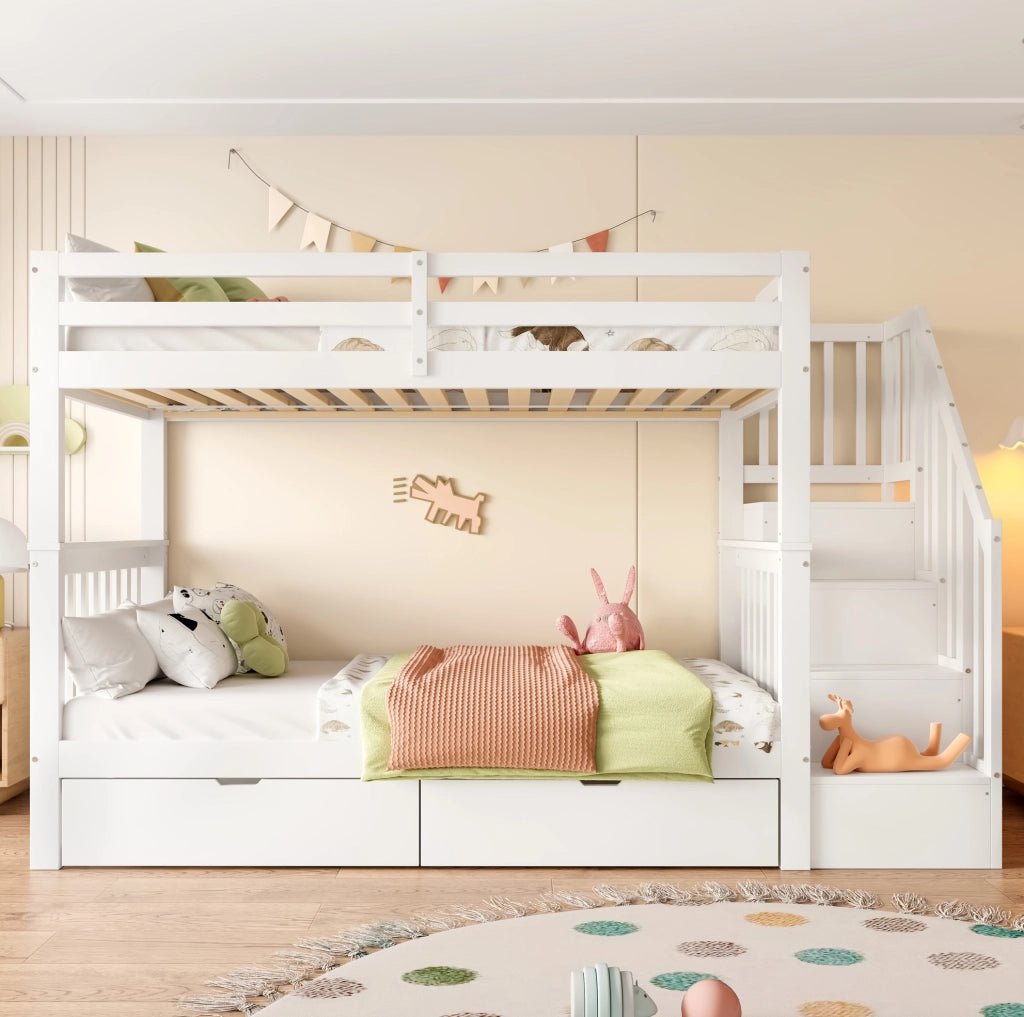 Letto a castello 90x200 cm con scala contenitore bianco