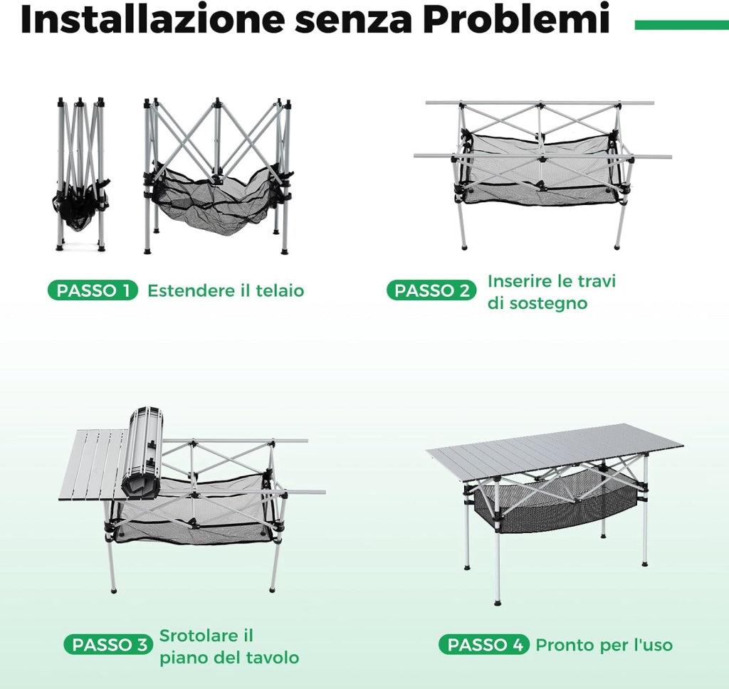 Tavolo da Campeggio Pieghevole in Alluminio, Portatile con Cestello in Rete e Borsa, Portata 100kg per Giardino Spiaggia Pesca (Argenteo)