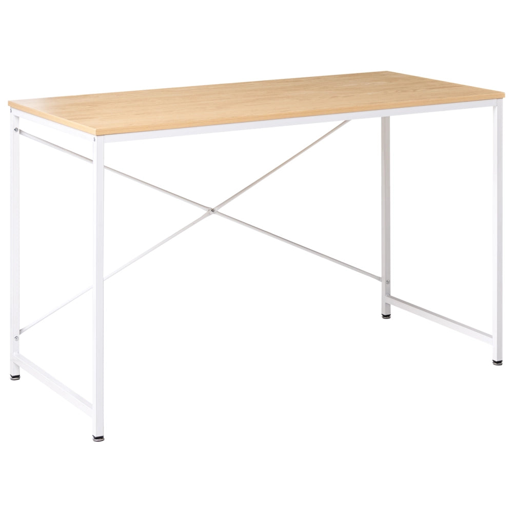 Scrivania con piano in MDF bianco chiaro e gambe e struttura in ferro verniciato a polvere. Ufficio domestico. Stile industriale moderno.