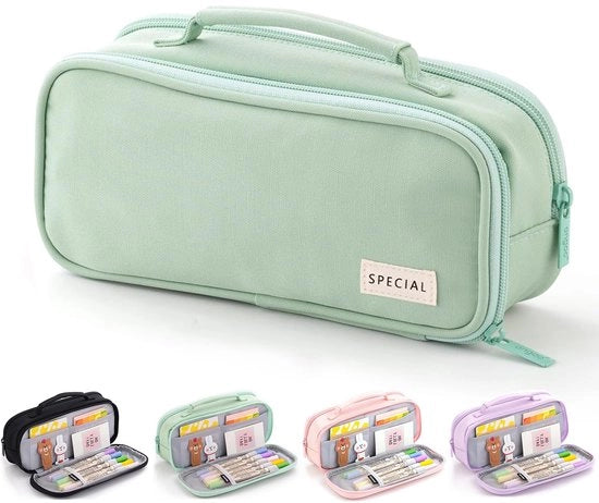 Etui con 3 compartimenti, grande capacità e maniglia per scuola, ufficio, adolescenti e adulti (verde)