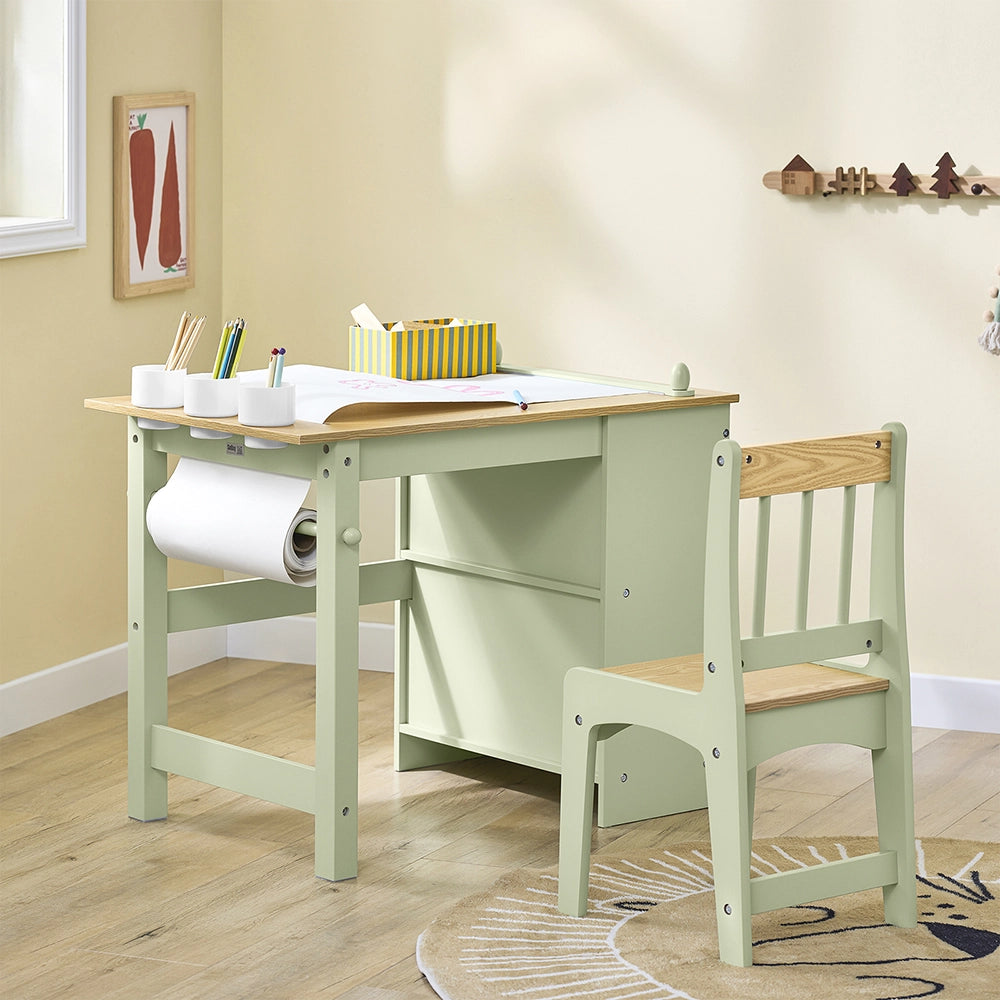 SoBuy Tavolino Bambini con 1 Sedia, Set Tavolo e Sedie per Bambini Multiattività con 2 Ripiani, Tavolo Disegno e Gioco, Sedia Scrivania Cameretta Verde 80x50x66cm KMB60-GR