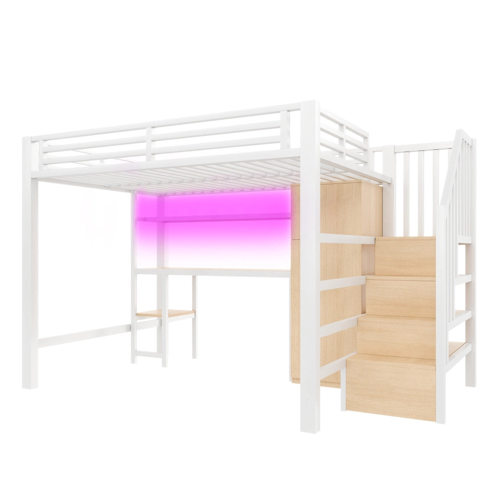 LETTO A CASTELLO 140x200 cm Bianco con scrivania, armadio, scaffale e LED