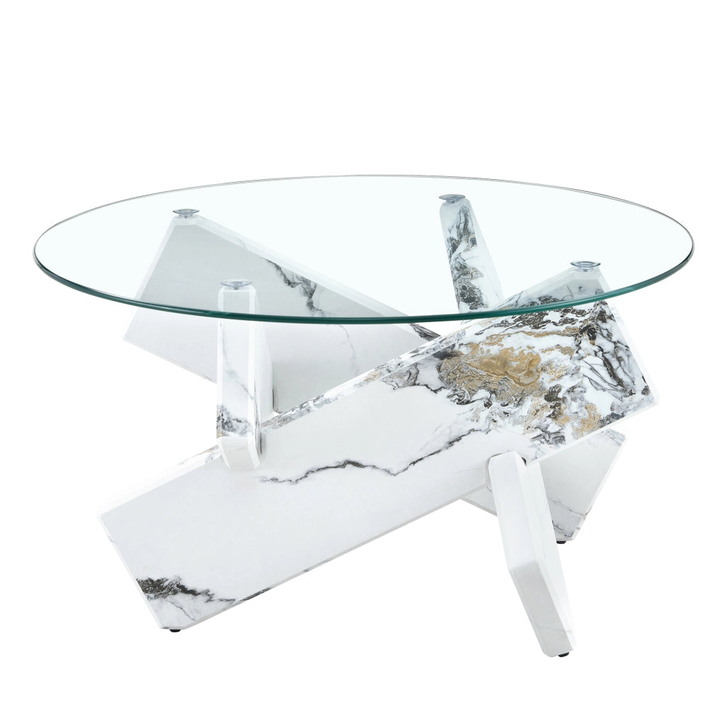 TAVOLO DA CAFFÈ ROTONDO 79 cm MDF E VETRO TRASPARENTE BIANCO