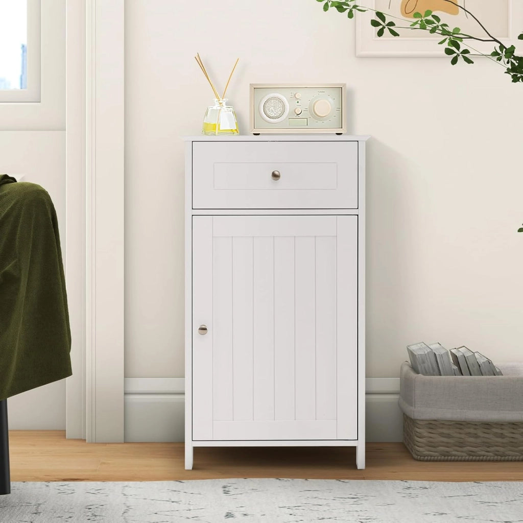 Armadio da Bagno con Ante e Cassetto 43 x 34 x 77cm, Mobile Bagno con Mensola Regolabile e Dispositivo Anti-ribaltamento, Armadietto Elegante per Ufficio, Soggiorno e Camera da Letto (Bianco)