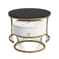 Tavolini Rotondi Modulari in Marmo Sintetico, con Dettagli Dorati e Cassetto, Dimensioni 70x70x45 cm e 50x50x40 cm, Nero e Bianco
