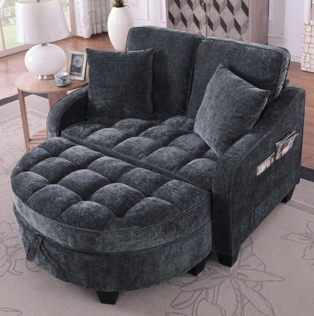 Divano letto 2 in 1 con pouf contenitore; 132x129x93 cm; eucalipto; nero