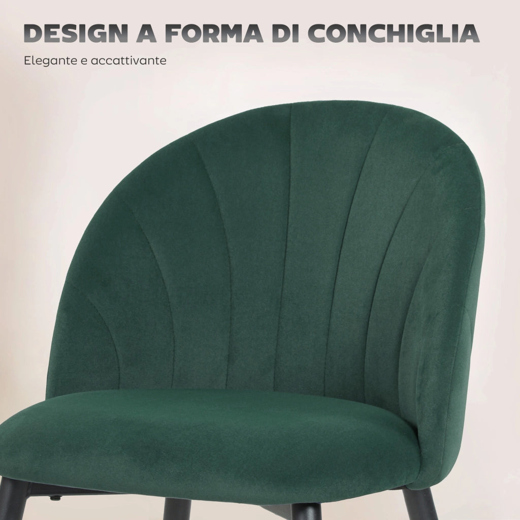 Set 2 Sedie da Pranzo 52x55x79 cm Imbottite con Schienale a Conchiglia in Velluto Verde Scuro