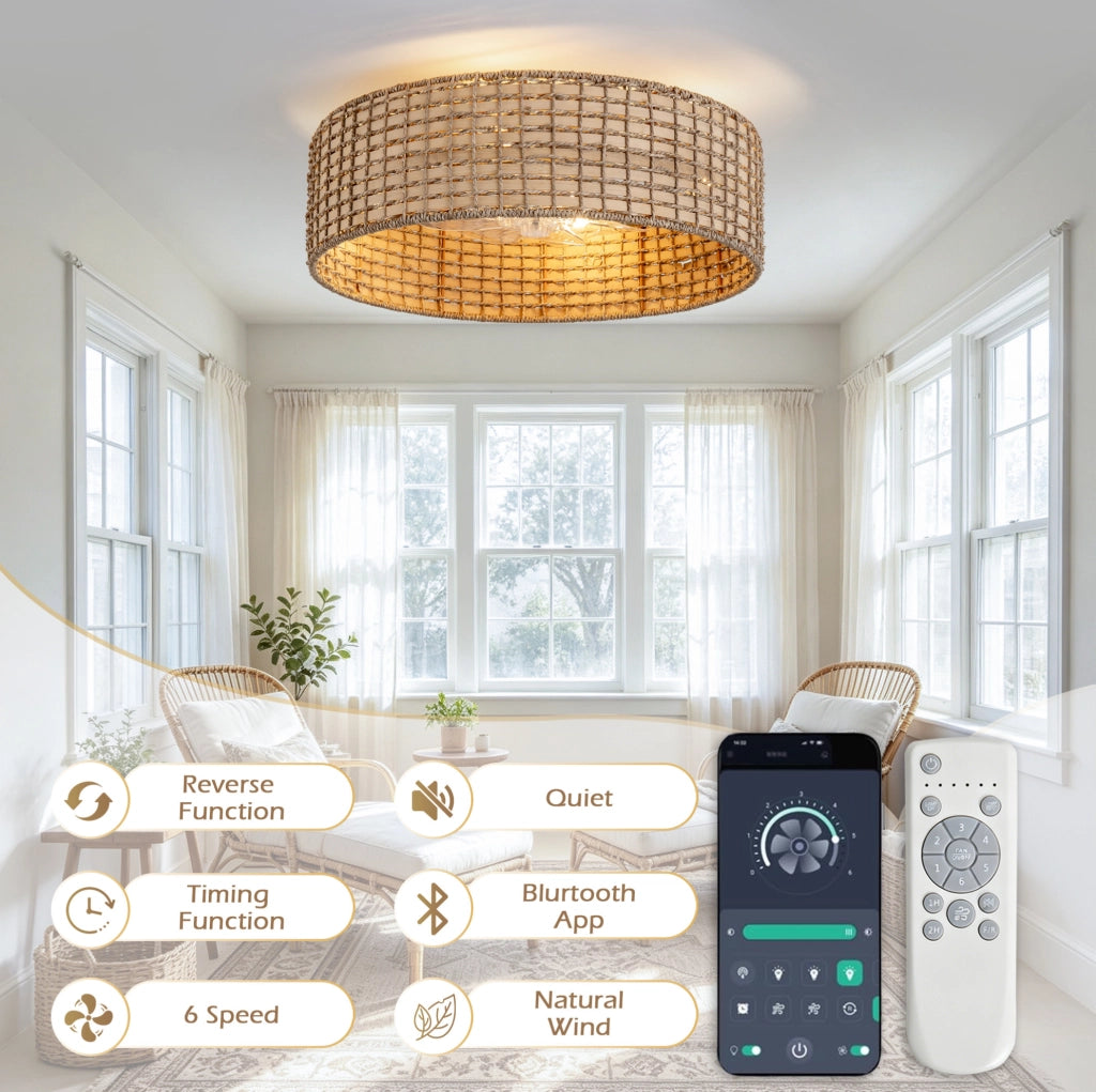 Ventilatore da soffitto con luce in rattan; controllo Bluetooth e telecomando; colore rame