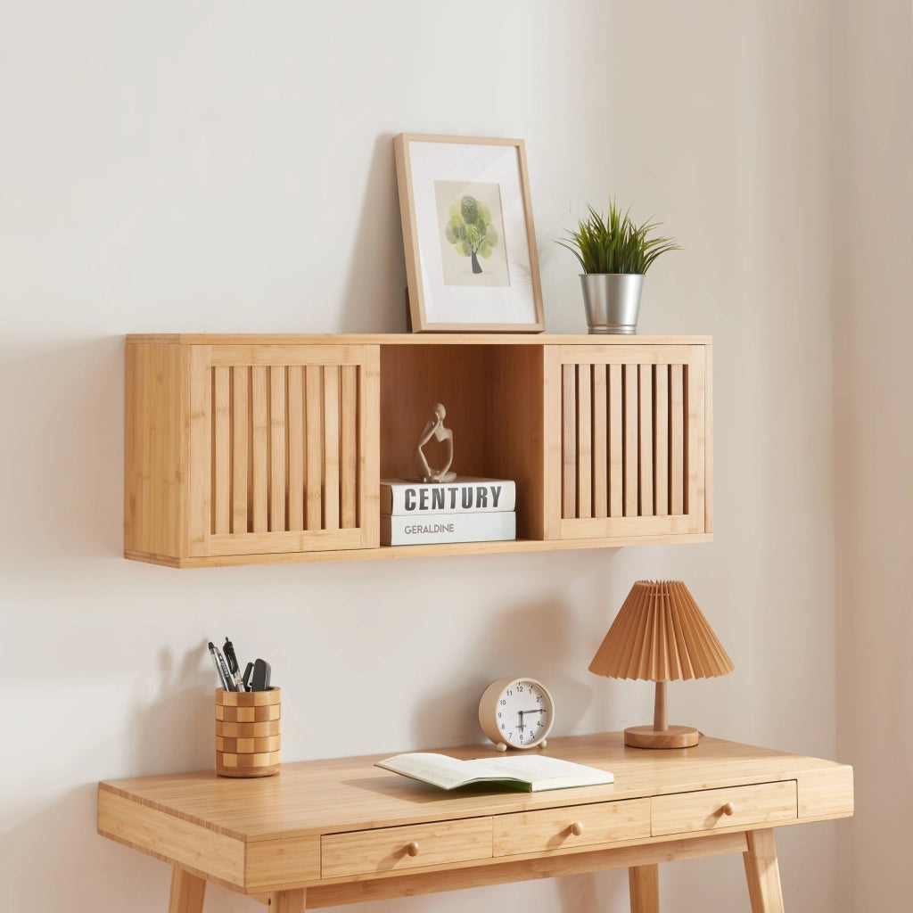 Armadietto da Parete Grums con 2 Ante Scorrevoli 92x20x33 cm Bambù Naturale [en.casa]