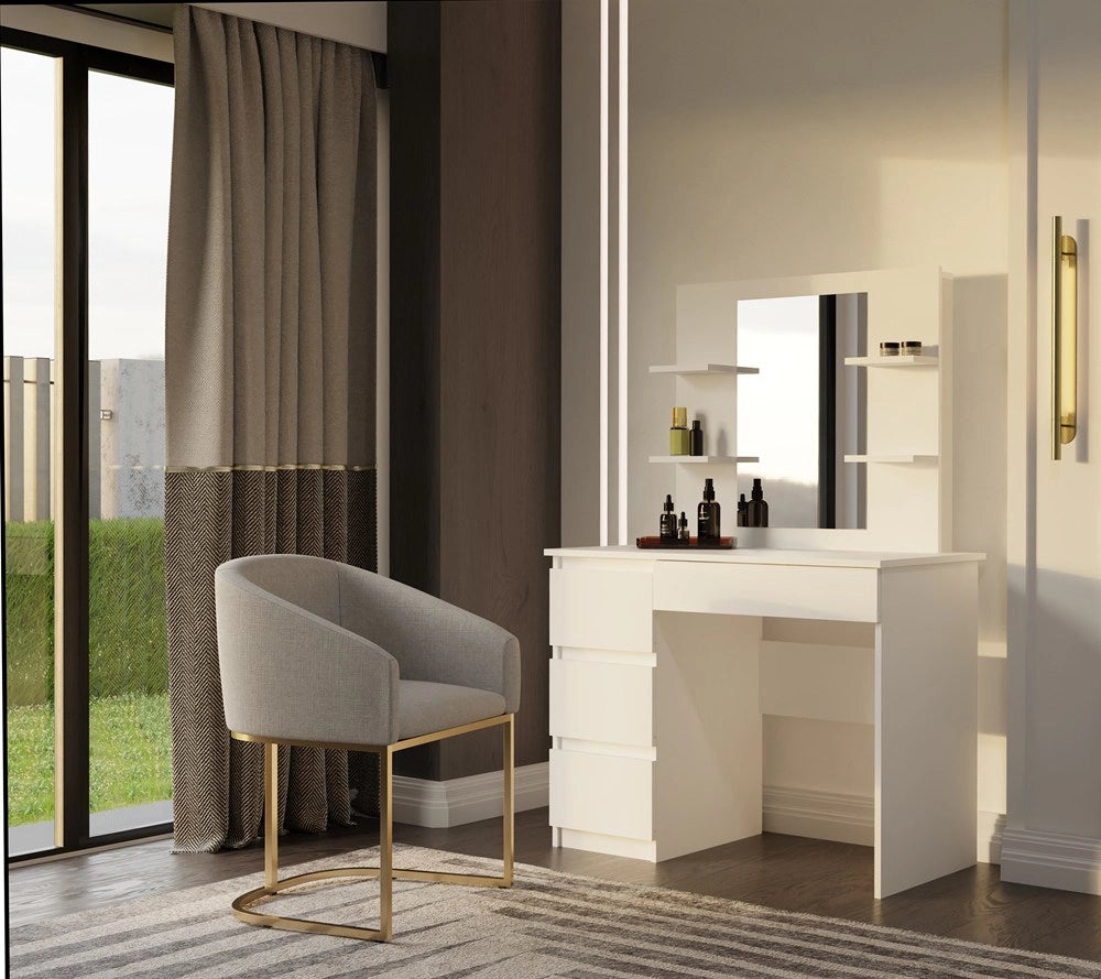 Toeletta MARINA 4p specchio MIJAS sinistro 4 cassetti 4 ripiani bianco per camera da letto