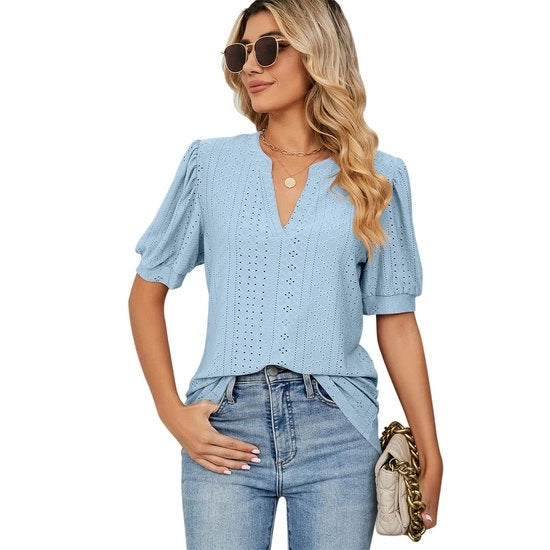 T-shirt da donna con collo V e maniche a sbuffo, top estivo casual, azzurro cielo, XL