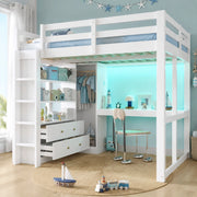 Letto a soppalco 140x200 cm con scrivania; 2 cassetti; LED; legno massello e MDF; bianco