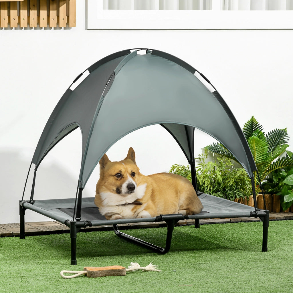 Cuccia per cani rialzata con baldacchino rimovibile in rete e Oxford, struttura in metallo grigio 92 × 76 × 90 cm
