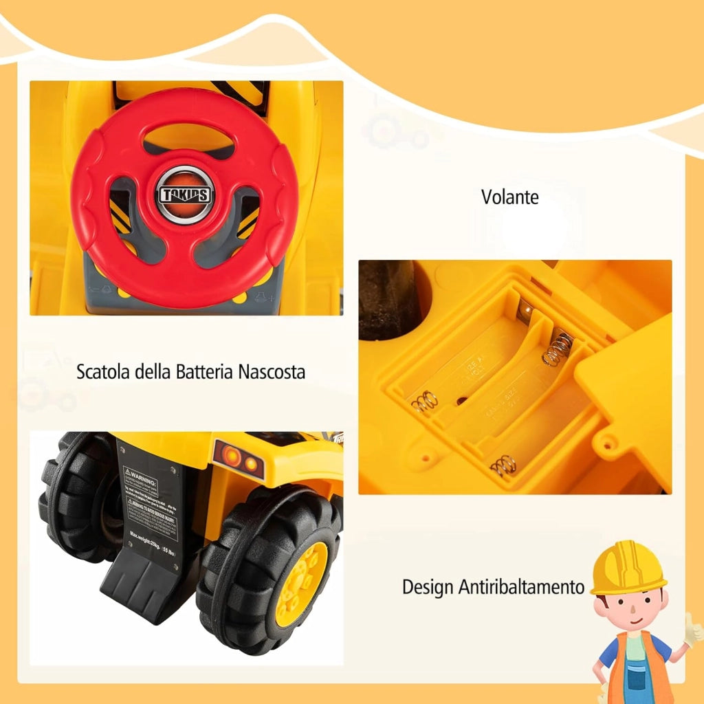Escavatore Giocattolo Cavalcabile, Ruspa Elettrica Multifunzione con Suoni Realistici, Funzione Avanti e Dietro, Regalo per Bambini 3 Anni +, 85x45x30 cm (Stile 1)