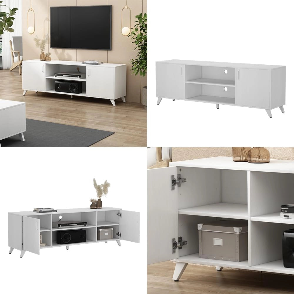 Lowboard Maceio, Bianco, 160 x 54.5 cm con 2 porte, adatto per l'installazione di televisori e dispositivi multimediali