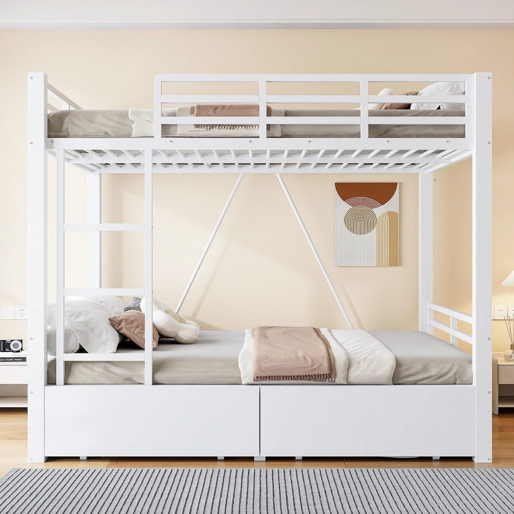Letto a castello in metallo 140x200 cm con cassetti, scala e sponde di sicurezza, bianco