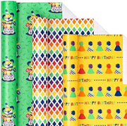 Papier di Confezione per Festa d'Anniversario - Set di 3 - Tema Happy Birthday con Cane, Cappello e Arcobaleno Disegno a Rilievo - 43,2 cm x 3,05 m per Rotolo - Adatto per Confezioni di Regalo